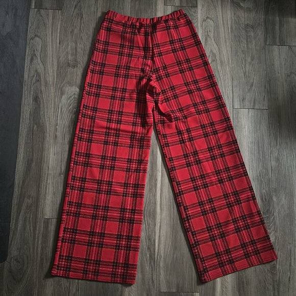 High Waisted PLT Red Tartan Plaid Wide Leg Pants Size 12 - Picture 3 of 4